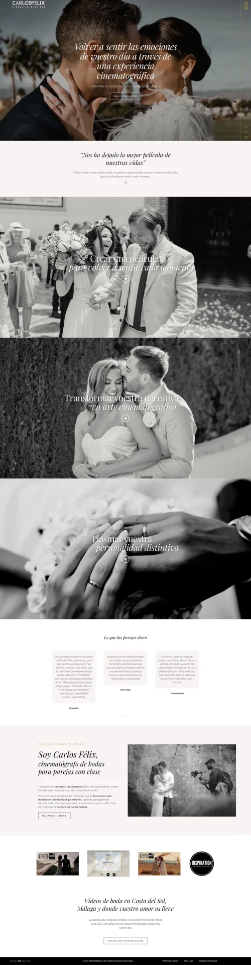 Vista completa de la página de inicio del sitio web de Carlos Félix Weddings